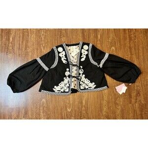 Avec Les Filles Med Black Bell Floral Embroidered Jacket Cropped Tie Front NWT